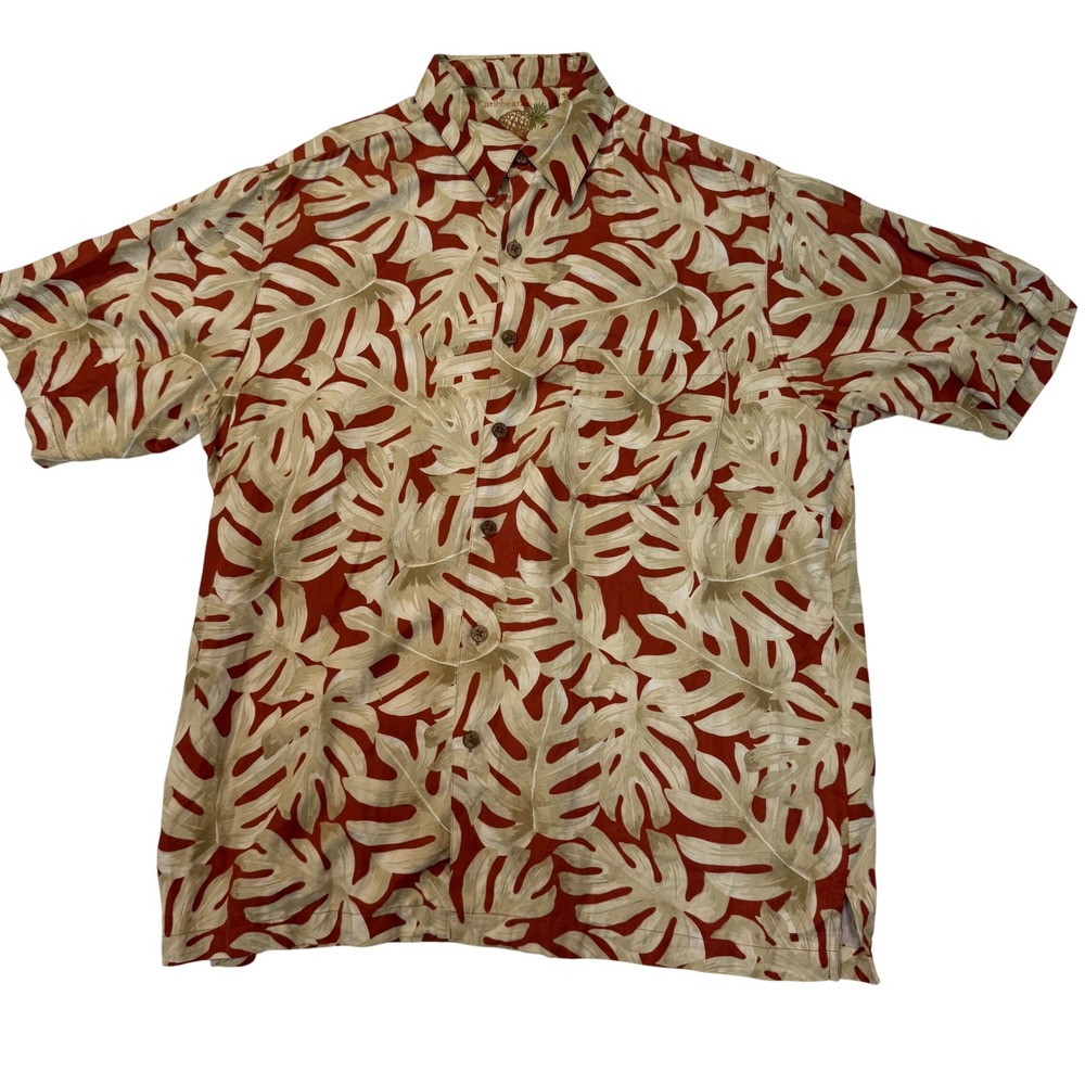 Caribbean Mens Silk Cotton Tropical Monstera Leaf Print Button Down Shirt Red L